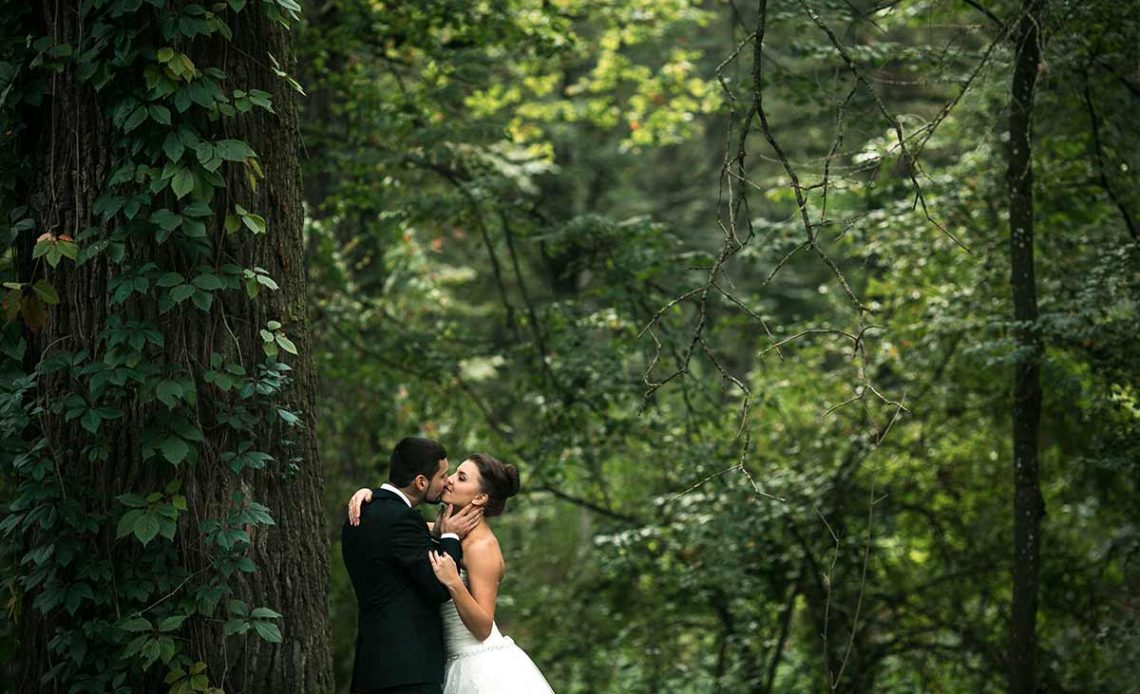 Pareja de recién casados en el bosque